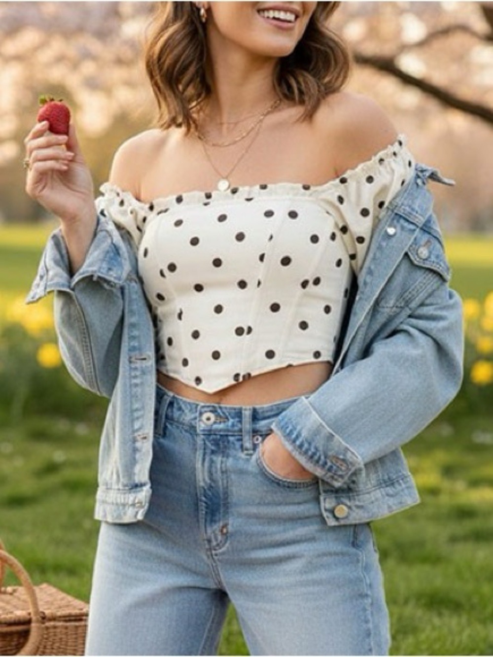 Lumiere Cream Off-Shoulder Polka Dot Crop Top - Picture 1 of 2
